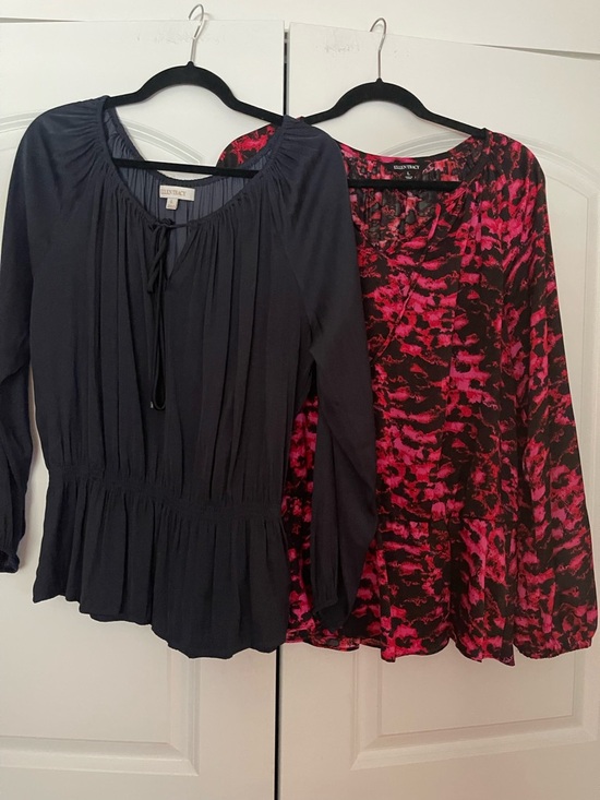 Ellen Tracy navy blue Long Sleeve Peplum Top and one  Pink/Black Printed Blouse - Picture 2 of 4